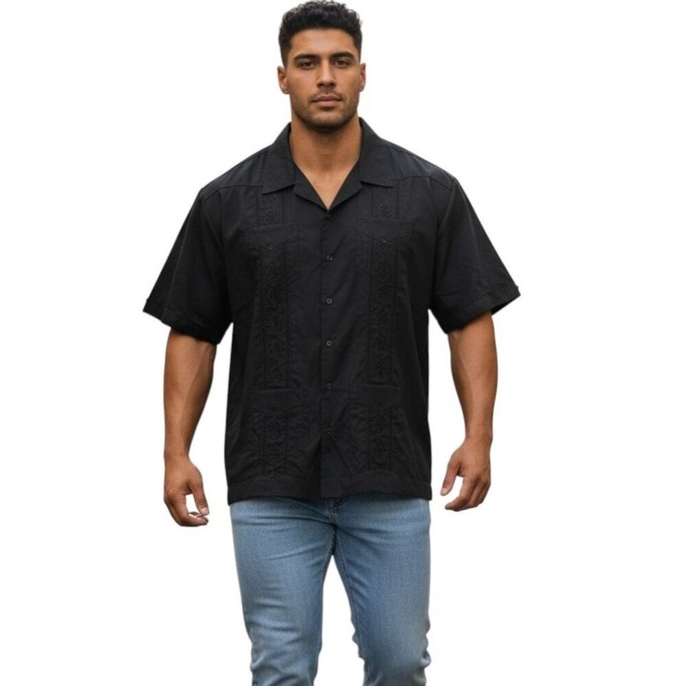 Havanera Co Guayabera Shirt Mens 2XL Black Embroidered Cuban Short Sleeve